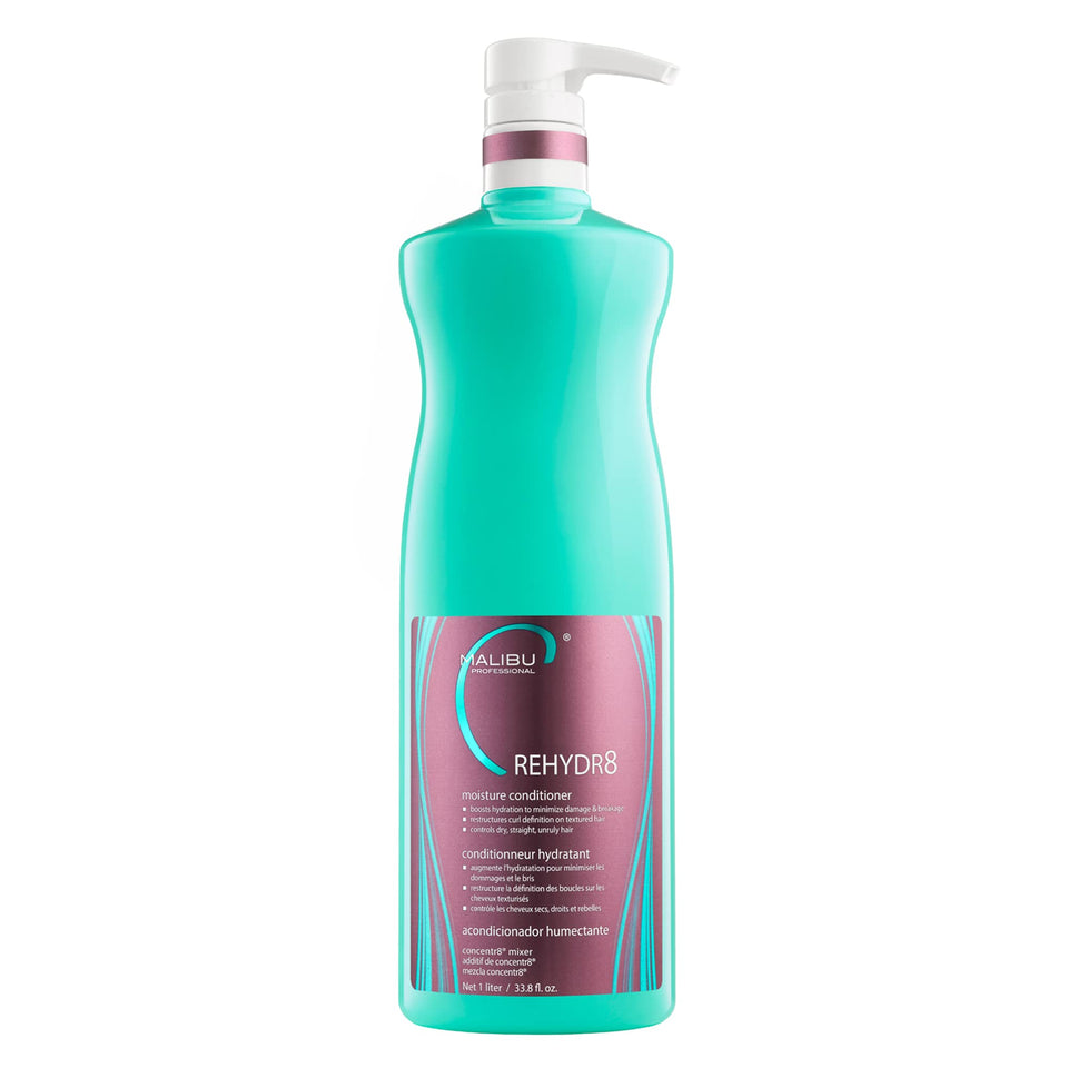 Malibu C front bottle showing REHYDR8 conditioner and clear branding for identification