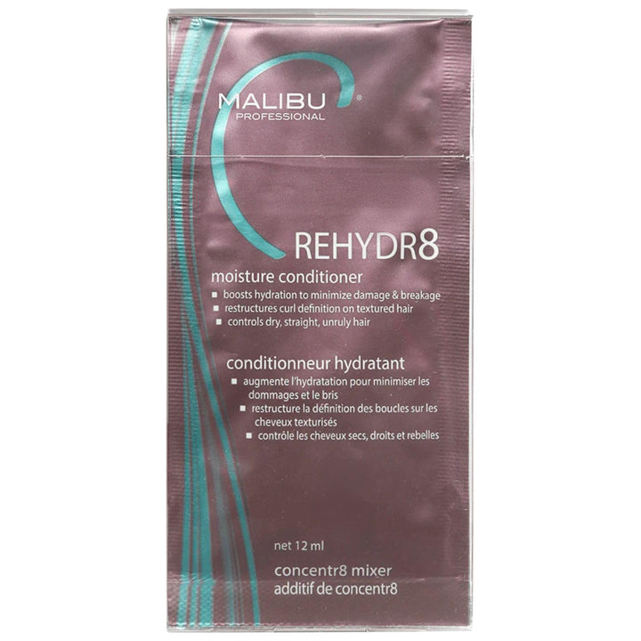 Malibu C front view of six REHYDR8 packets showing compact travel-ready hydration