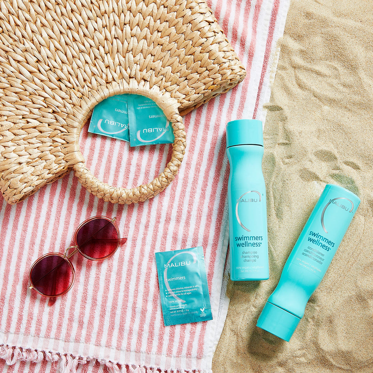 Malibu C shampoo applied to hair after swim showing buildup removal benefit