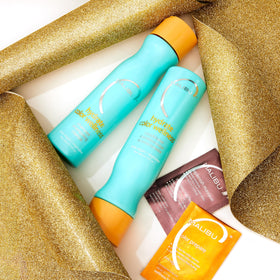 Malibu C bottle beside eco-badge showing vegan, sulfate-free, cruelty-free benefits