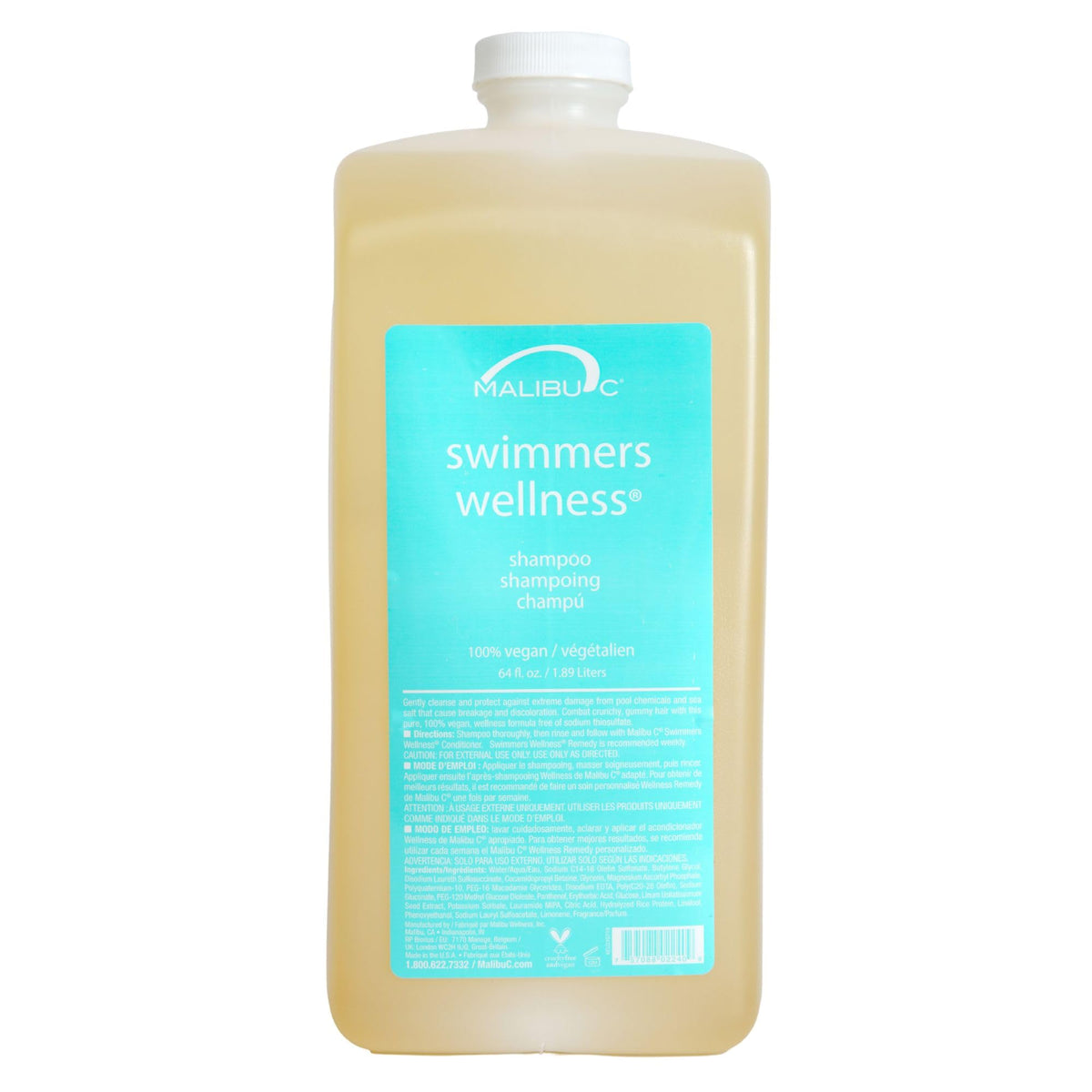 Malibu C front bottle view showing 64oz size and pool-friendly formula benefit