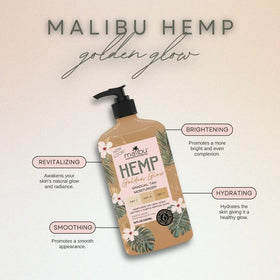 Malibu Tan 18 oz bottle next to hand showing generous size benefit