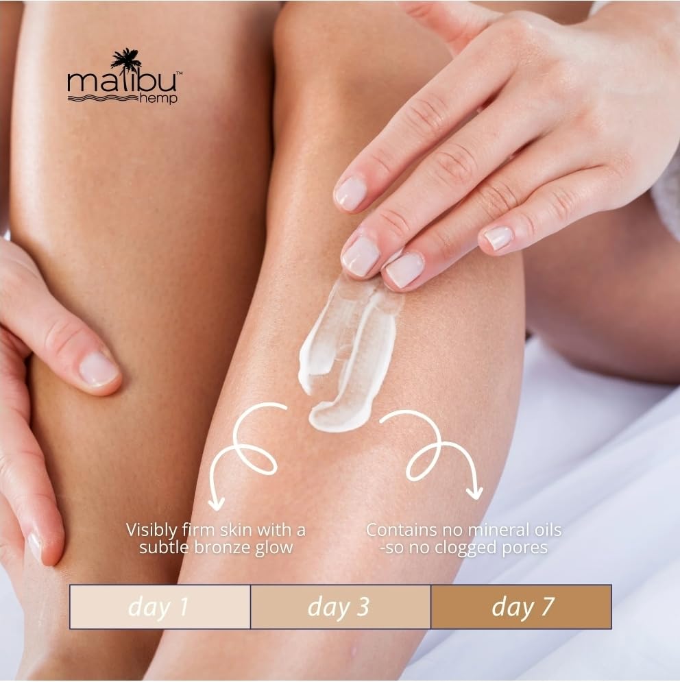 Malibu Tan lotion applied on hand demonstrating even coverage benefit