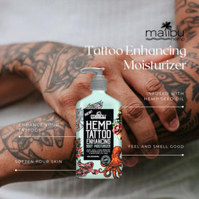 MalibuHemp Tan applied on tattooed arm demonstrating enhanced color and hydration