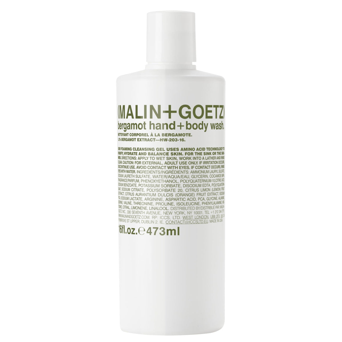MALIN+GOETZ front bottle showing sleek packaging and easy dispensing benefit