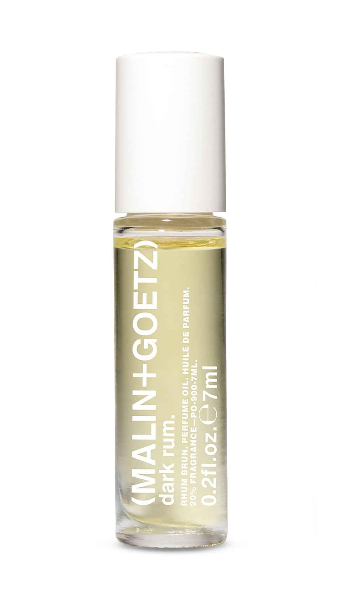 MALIN+GOETZ front view of Dark Rum rollerball showing sleek packaging and portability