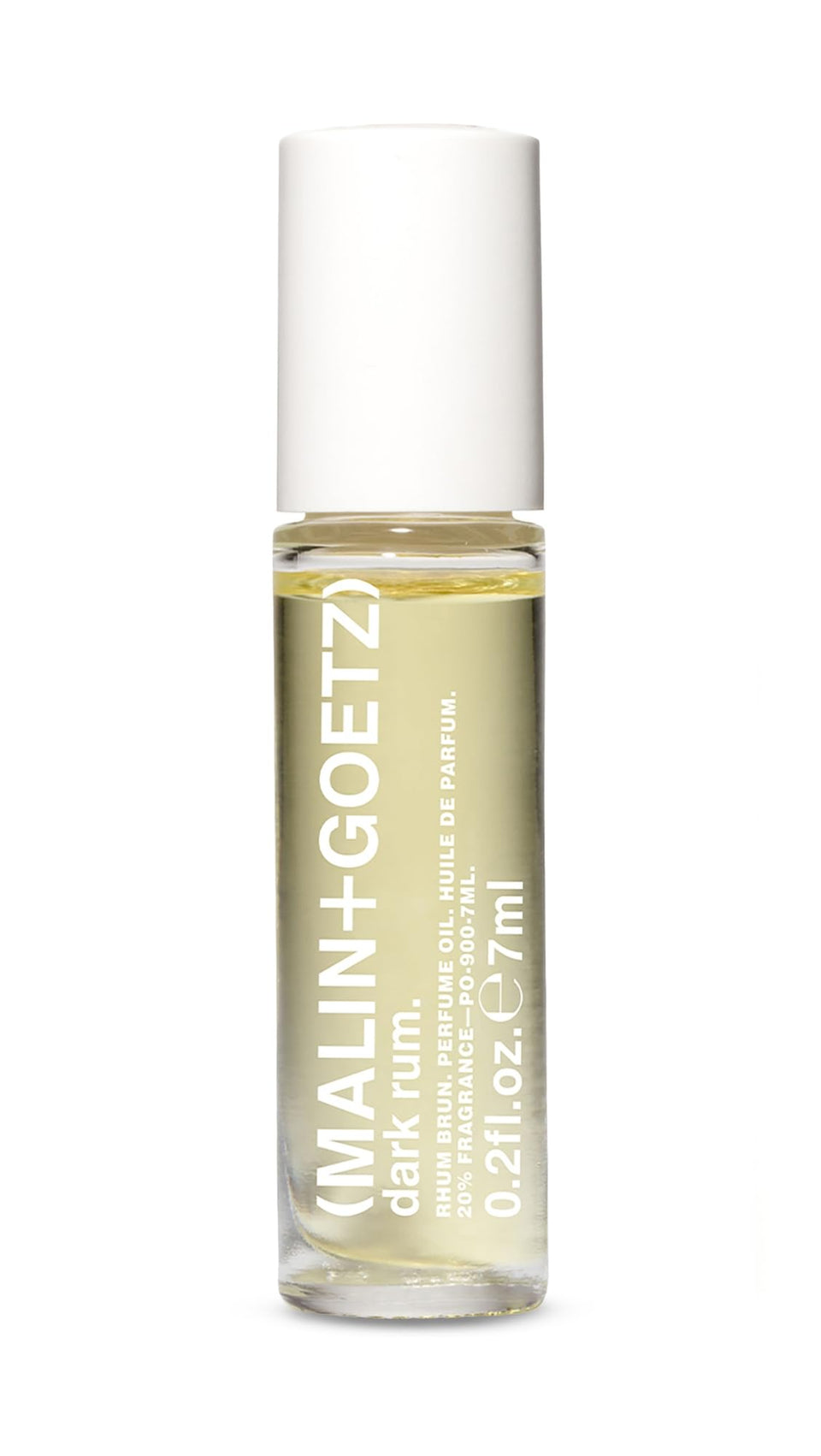 MALIN+GOETZ front view of Dark Rum rollerball showing sleek packaging and portability