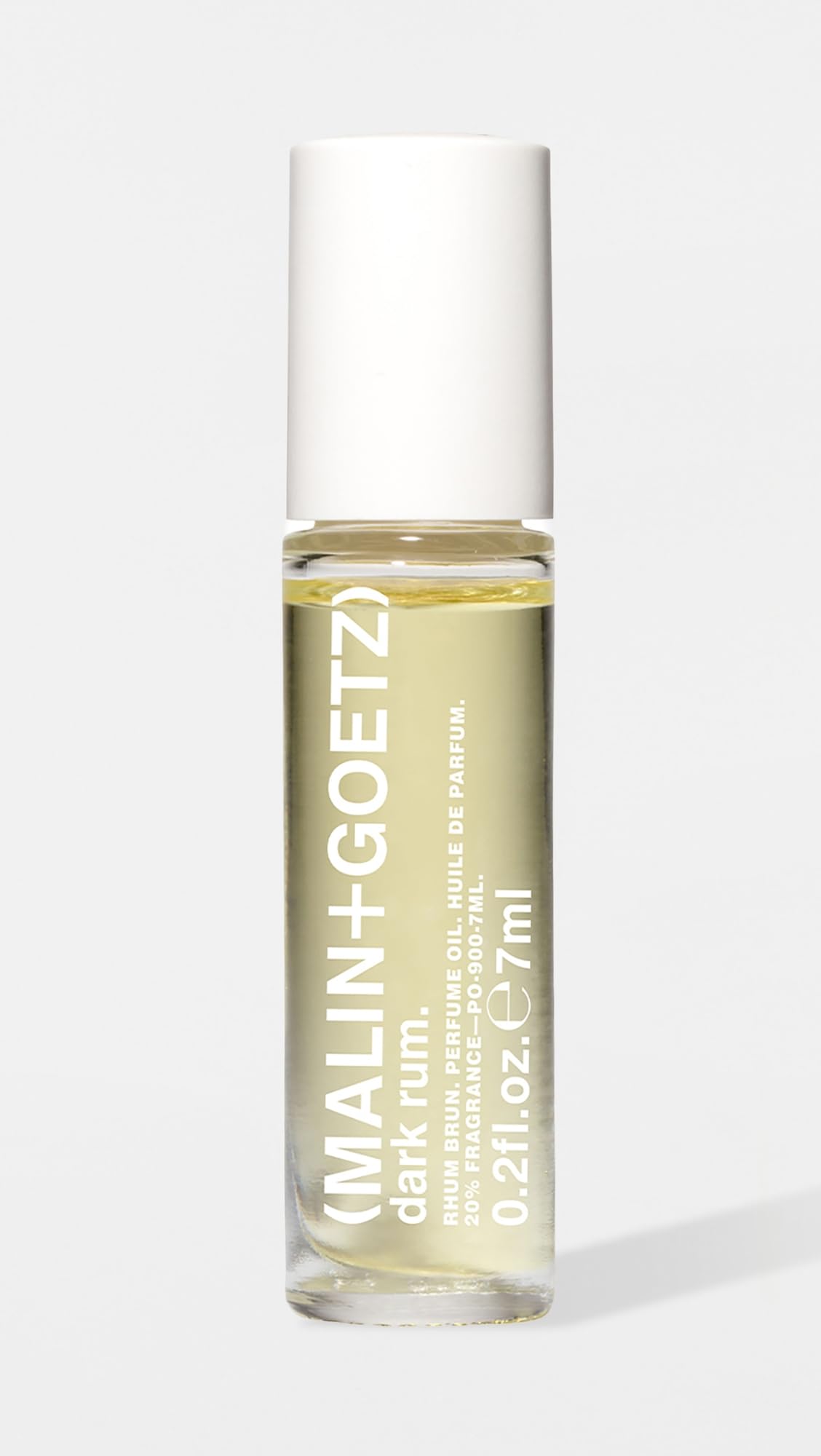 MALIN+GOETZ close-up of Dark Rum label highlighting scent name and ingredients