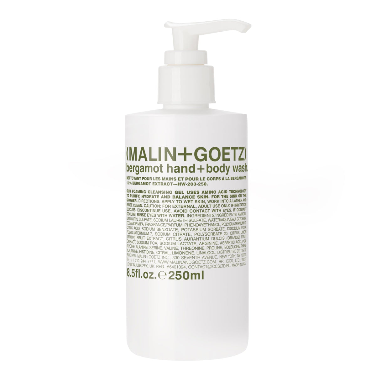 MALIN+GOETZ front bottle showing bergamot hand and body wash, clean presentation benefit