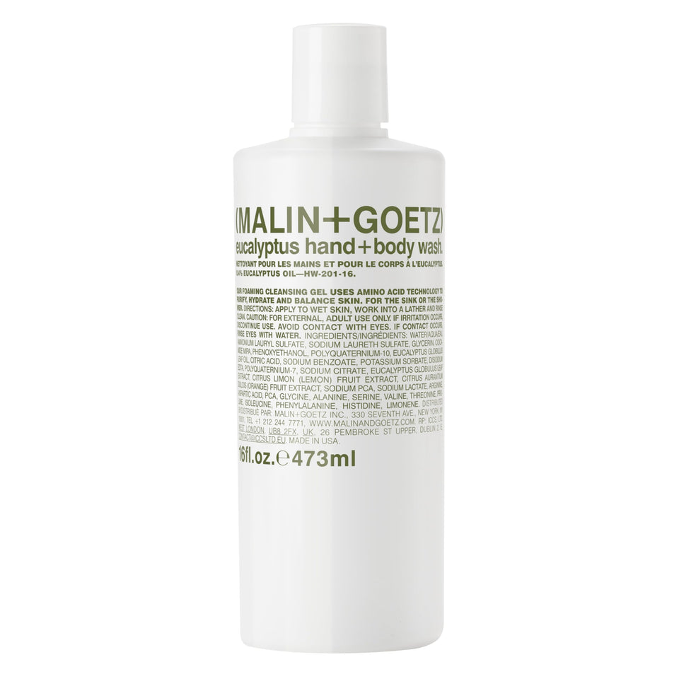 MALIN+GOETZ front bottle showing eucalyptus wash and branding benefits soft cleanse