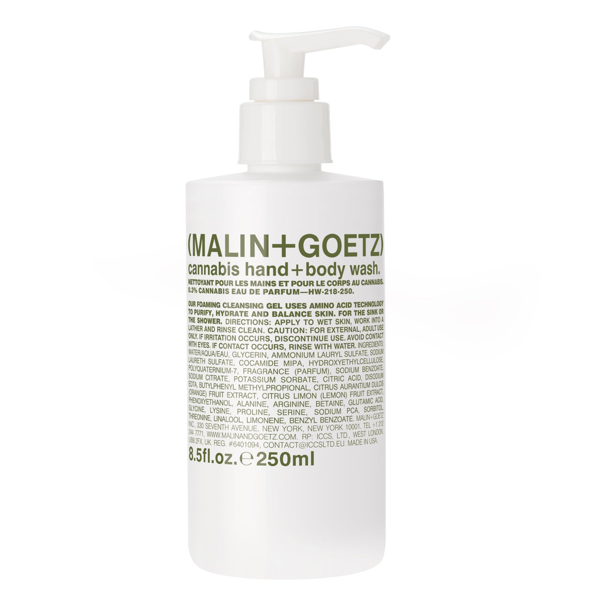 MALIN+GOETZ front packaging showing cannabis wash bottle and clean design benefit