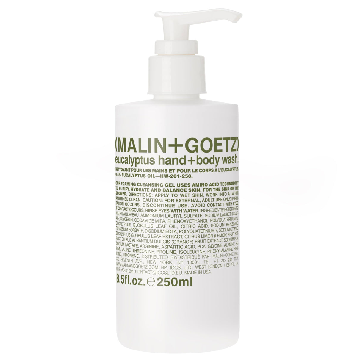 MALIN+GOETZ front packaging showing eucalyptus hand and body wash benefits