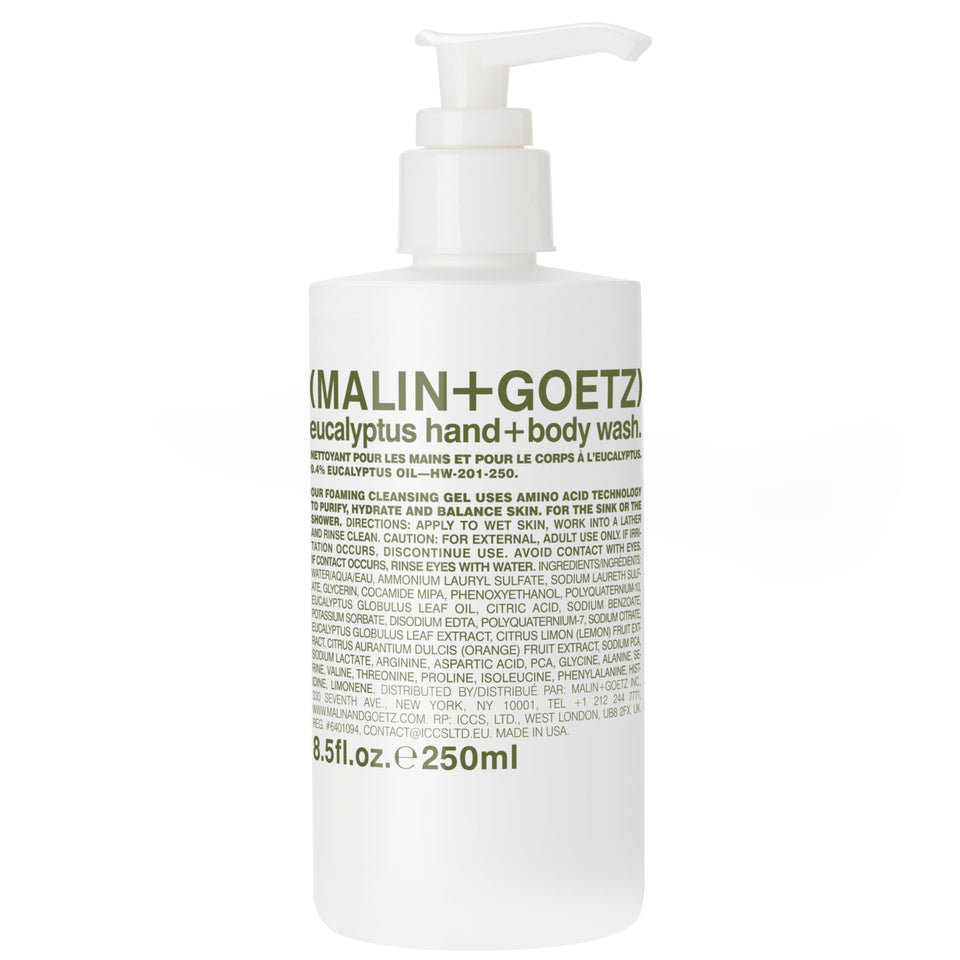 MALIN+GOETZ front packaging showing eucalyptus hand and body wash benefits