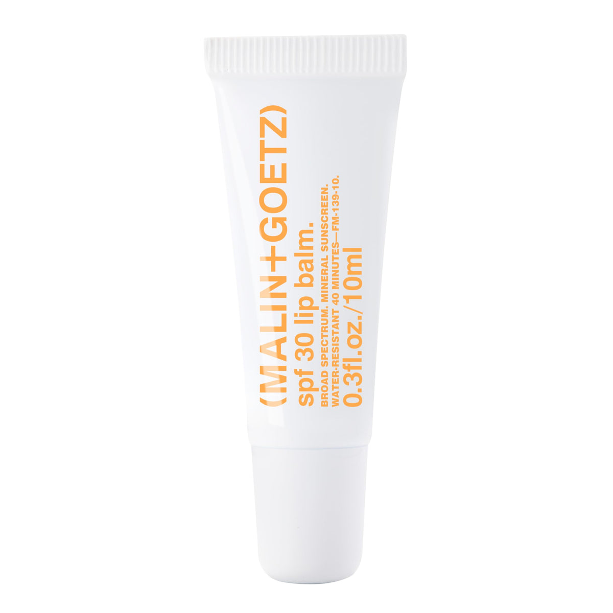 MALIN+GOETZ lip balm front packaging showing compact SPF 30 tube and branding