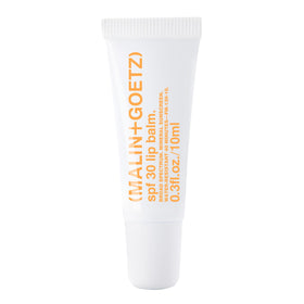 MALIN+GOETZ lip balm front packaging showing compact SPF 30 tube and branding