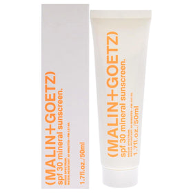 MALIN+GOETZ front packaging of SPF 30 mineral sunscreen showing compact bottle and label benefit