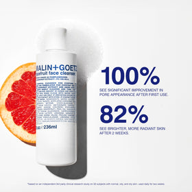 MALIN+GOETZ cleanser in hand being massaged on wet skin for efficient cleansing