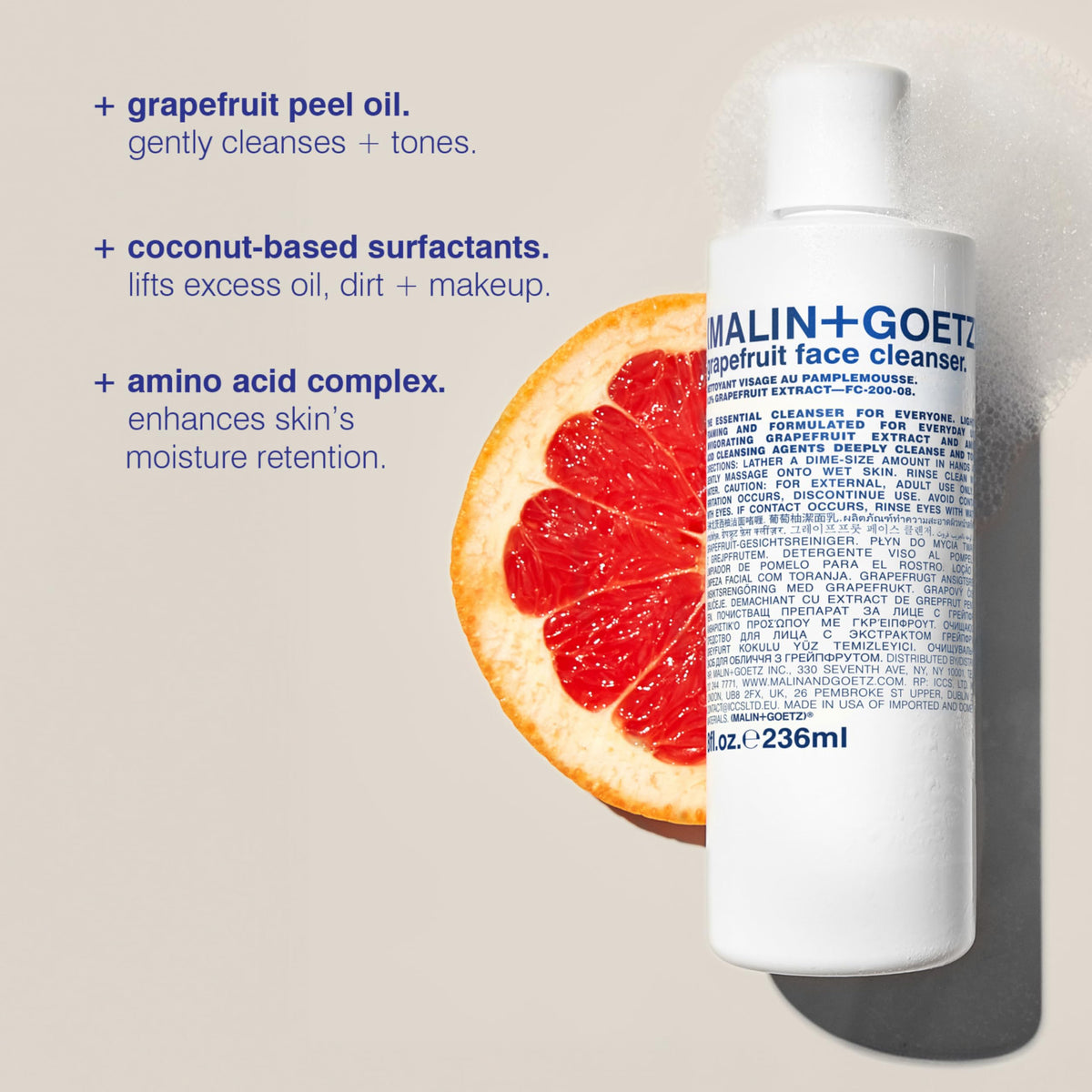 MALIN+GOETZ dispenser with gel texture demonstrating easy one pump use