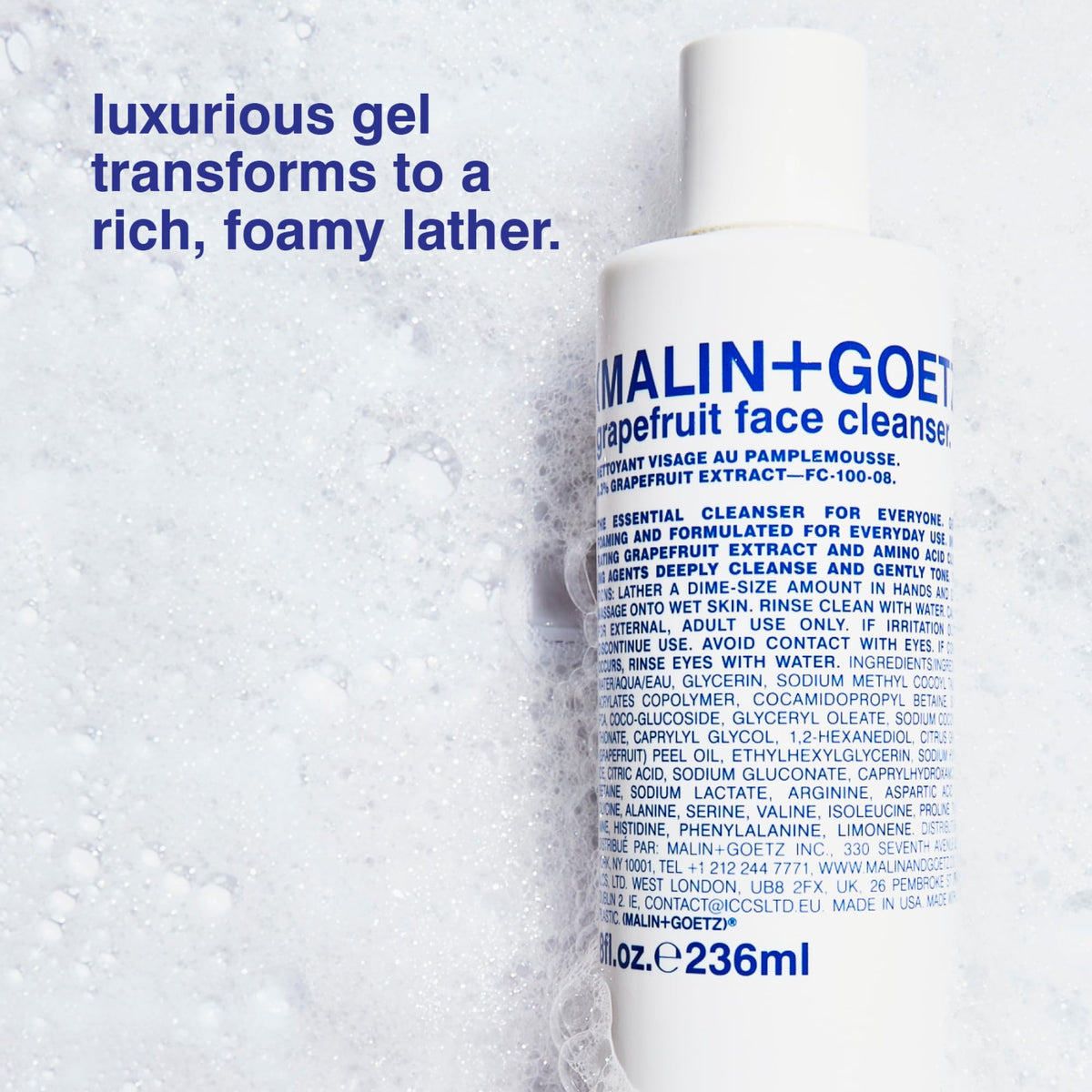 MALIN+GOETZ foamy cleanser close-up showing light foam and gentle action