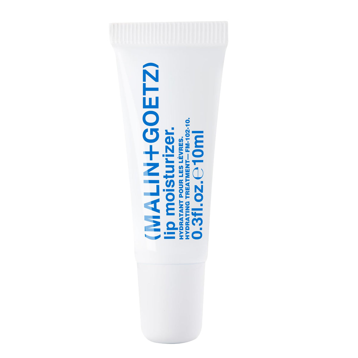 MALIN+GOETZ front tube view showing minimalist packaging and portable size benefit