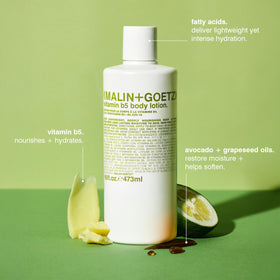 MALIN+GOETZ creamy lotion texture close-up illustrating fast-absorbing, non-greasy finish
