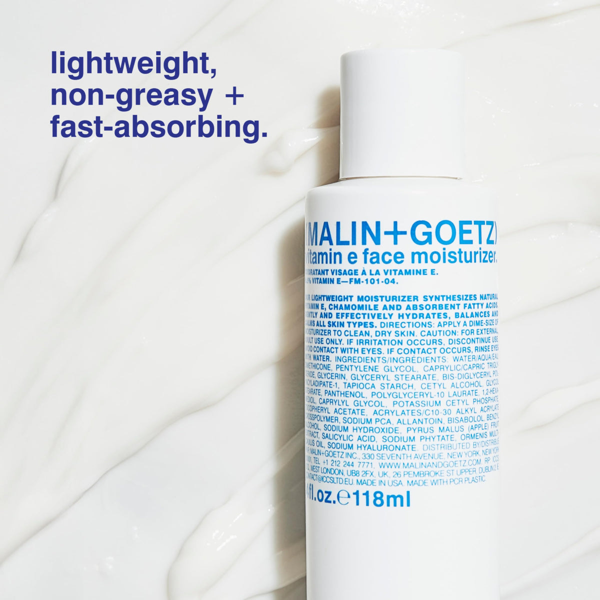 MALIN+GOETZ moisturizer on hand showing fast-absorbing hydration