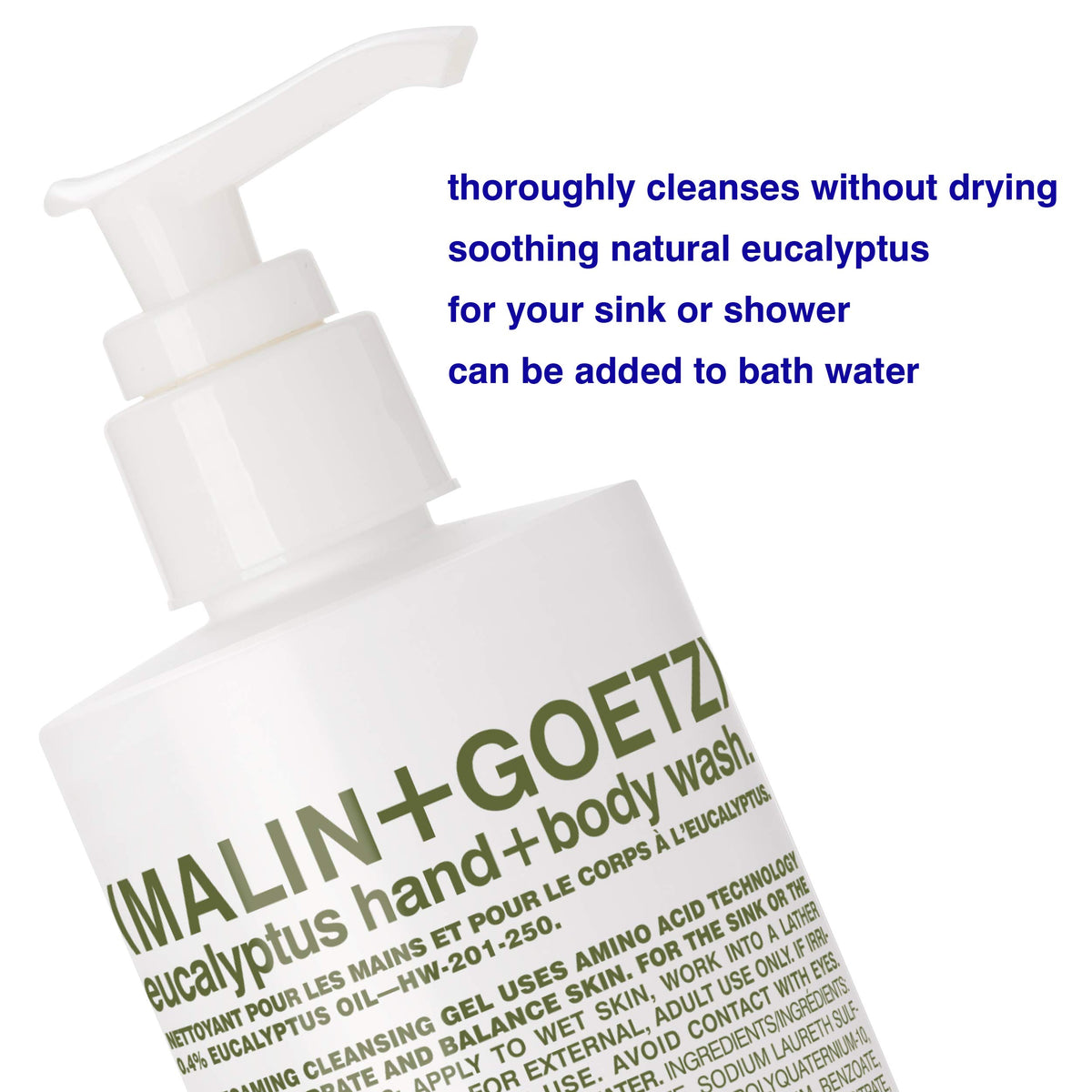 MALIN+GOETZ pump and label closeup highlighting clean design and clarity