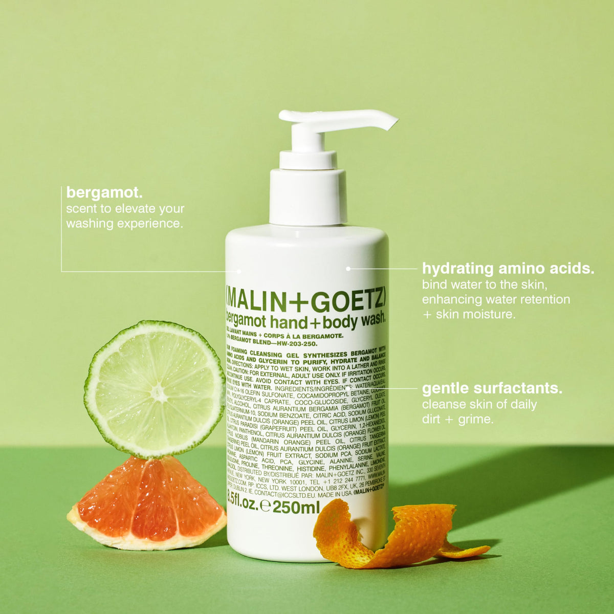 MALIN+GOETZ pump and label detail highlighting easy dispensing and clear branding benefit