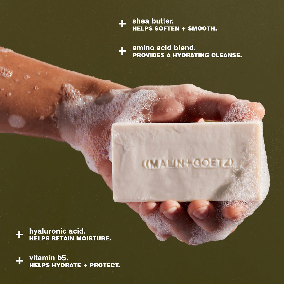 MALIN+GOETZ close-up of creamy lather texture to show rich foam and gentle cleanse benefit