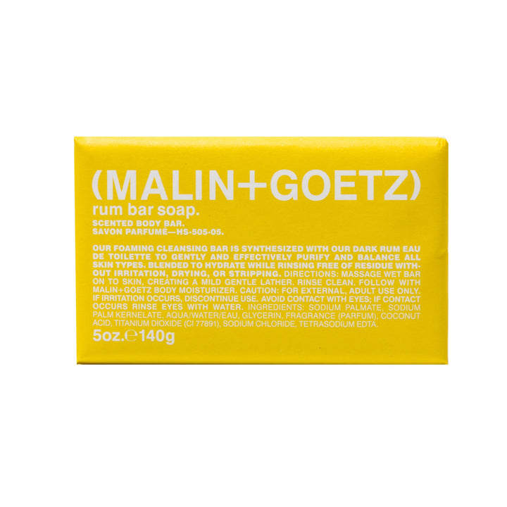 MALIN+GOETZ rum bar front packaging showing brand and dark rum scent benefits