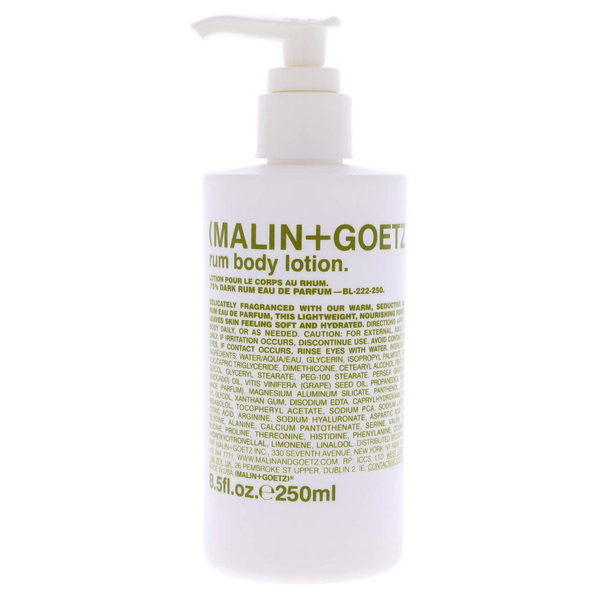 MALIN+GOETZ front bottle view showing sleek packaging and easy dispensing benefit