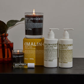 MALIN+GOETZ lotion held in hand for scale showing travel-friendly 8.5 fl oz benefit