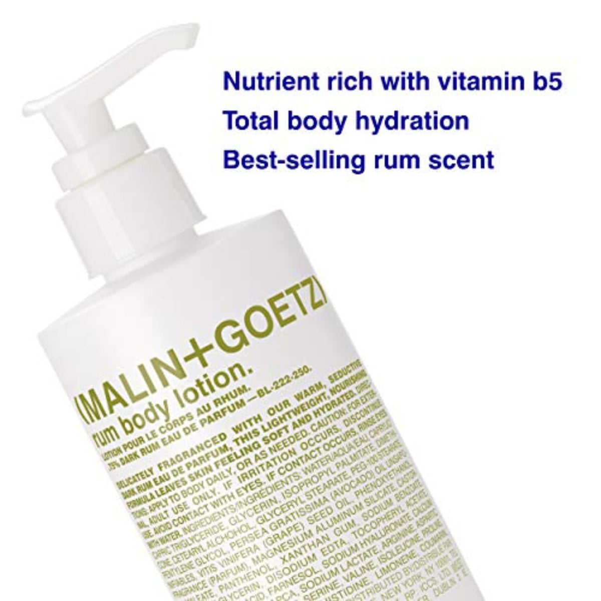 MALIN+GOETZ lotion texture close-up highlighting lightweight spreadability benefit