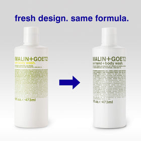 MALIN+GOETZ bottle beside towel showing 16 fl oz scale and convenience