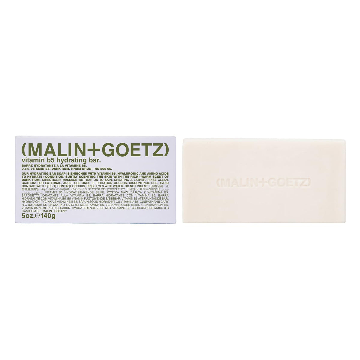 MALIN+GOETZ front packaging of the hydrating rum bar showing label and size, highlights longevity
