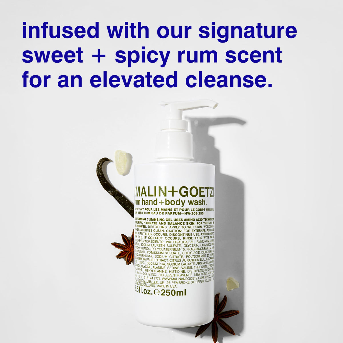 MALIN+GOETZ pump dispensing foamy gel to illustrate rich lather and easy use