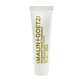 MALIN+GOETZ front tube view showing bergamot-scented vitamin B5 hand treatment and recyclable packaging benefit
