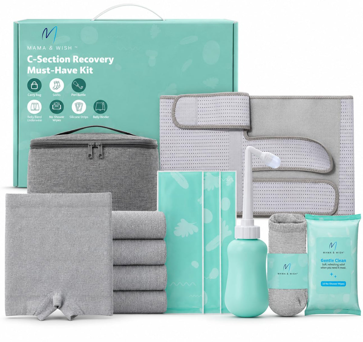 Mama & Wish kit front view showing all 12 items for easy postpartum access