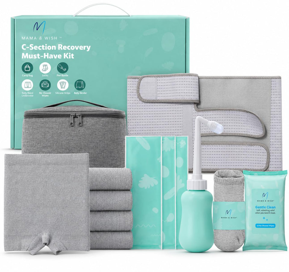 Mama & Wish kit front view showing all 12 items for easy postpartum access