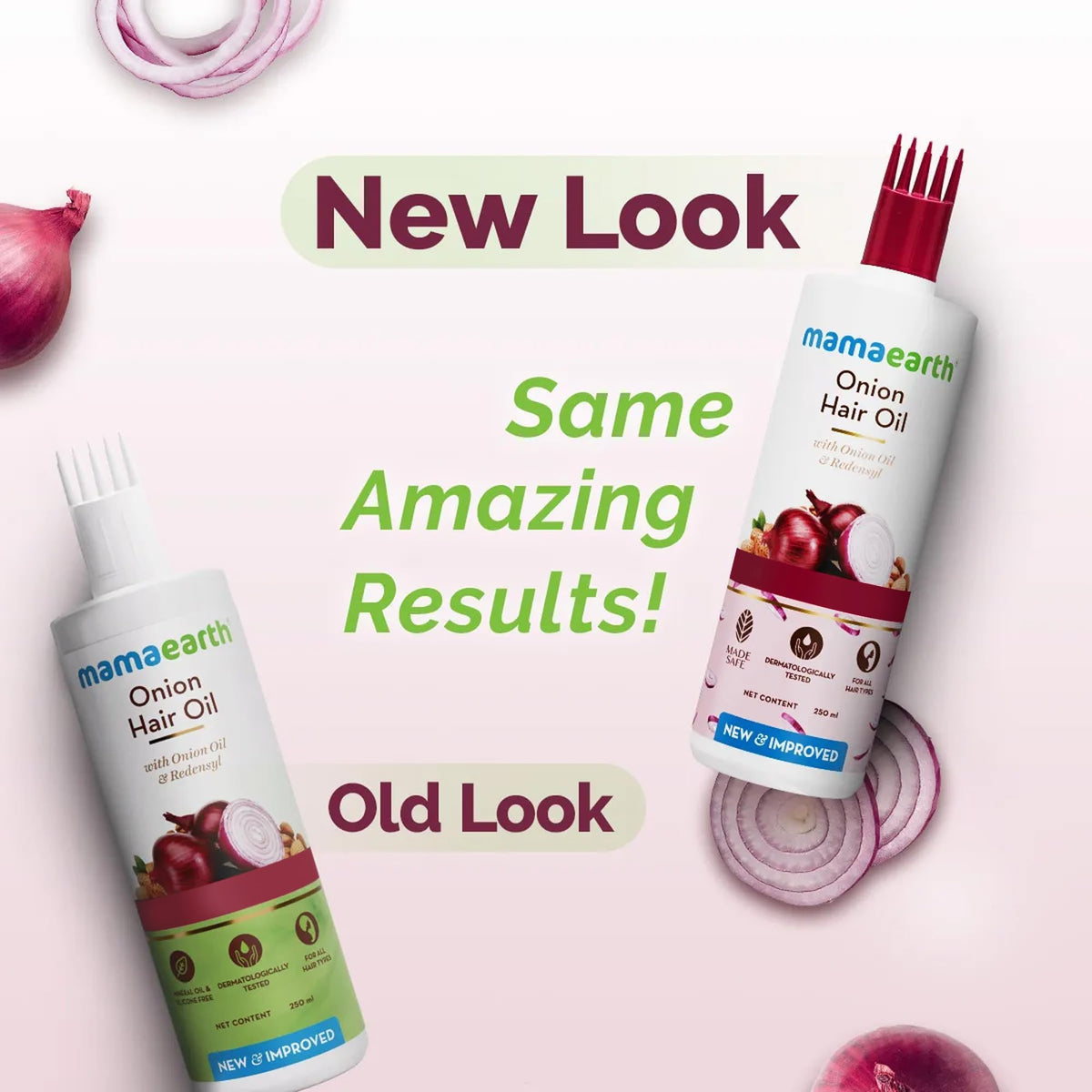 Close-up label detail of Mamaearth ingredients highlighting onion oil and Redensyl benefit
