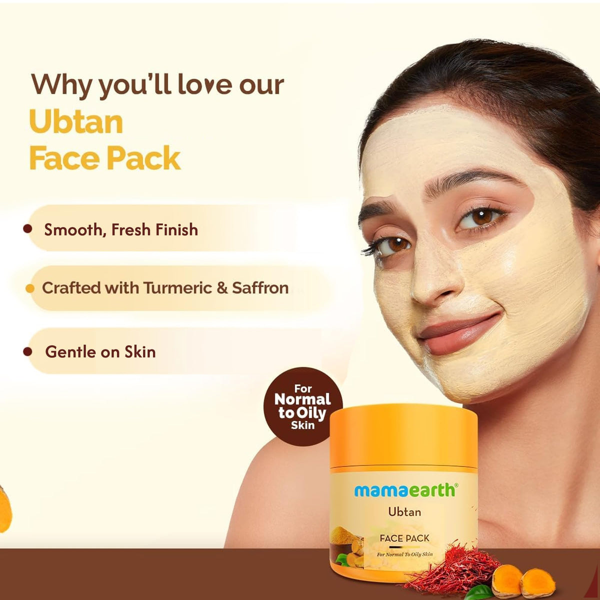 MAMAEARTH close-up of turmeric and saffron botanicals highlighting natural brightening ingredients