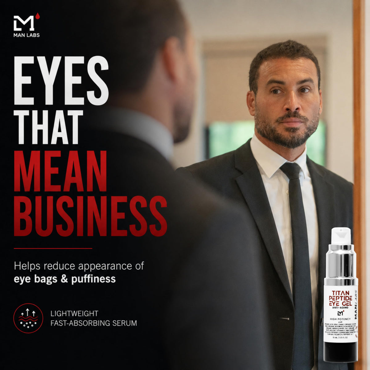 Man Labs Titan airless pump detail highlighting protected active ingredient benefit