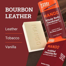 Mando cleansing bar label close-up highlighting ingredient and scent info