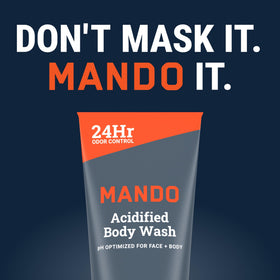 Mando bottle on bathroom shelf styled to show daily routine fit