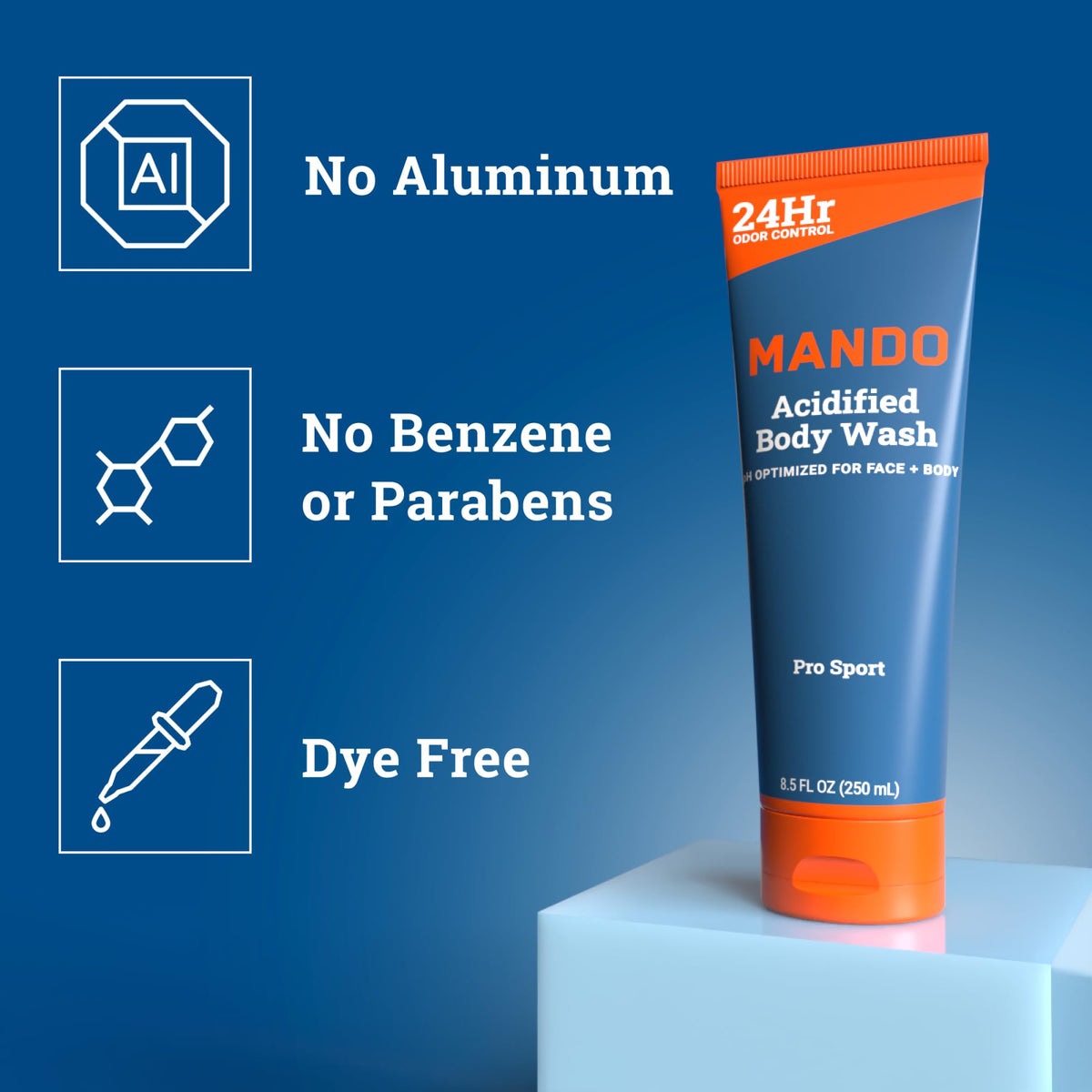 Mando label close-up highlighting mandelic acid and SLS-free ingredient benefits