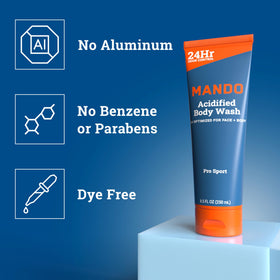 Mando label close-up highlighting mandelic acid and SLS-free ingredient benefits