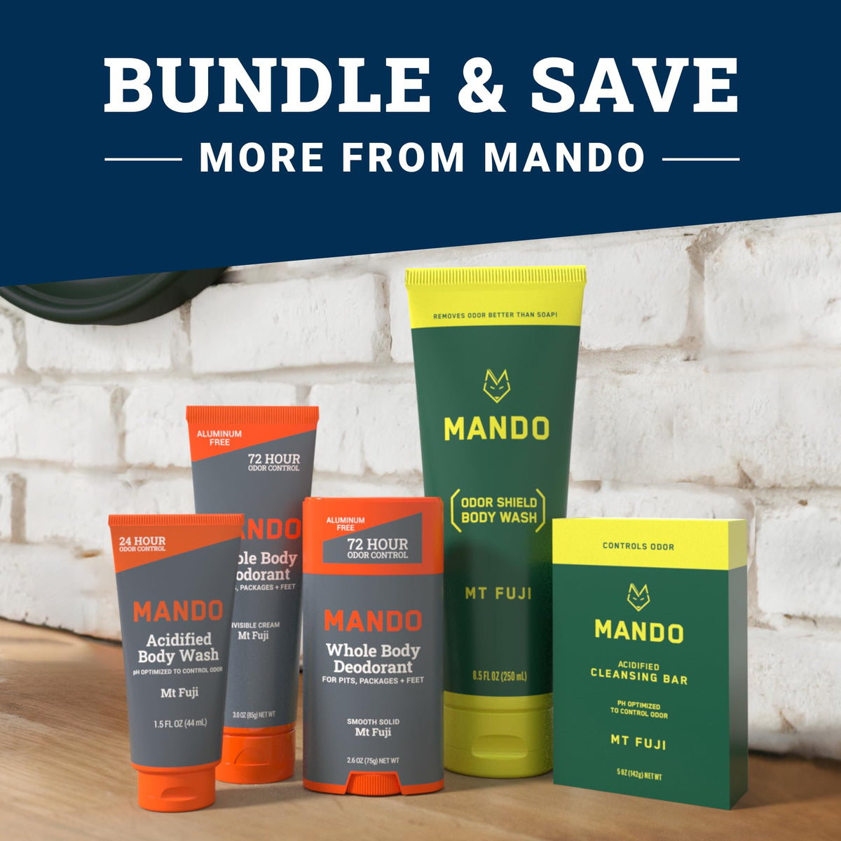 Mando bottle staged with deodorant and wipes for layered odor protection
