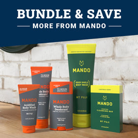 Mando bottle staged with deodorant and wipes for layered odor protection