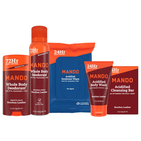 Mando front packaging showing full Bourbon Leather starter kit benefits