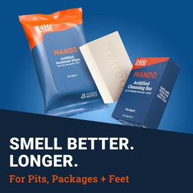 Mando deodorant wipes pack open with a wipe pulled out for on-the-go refresh